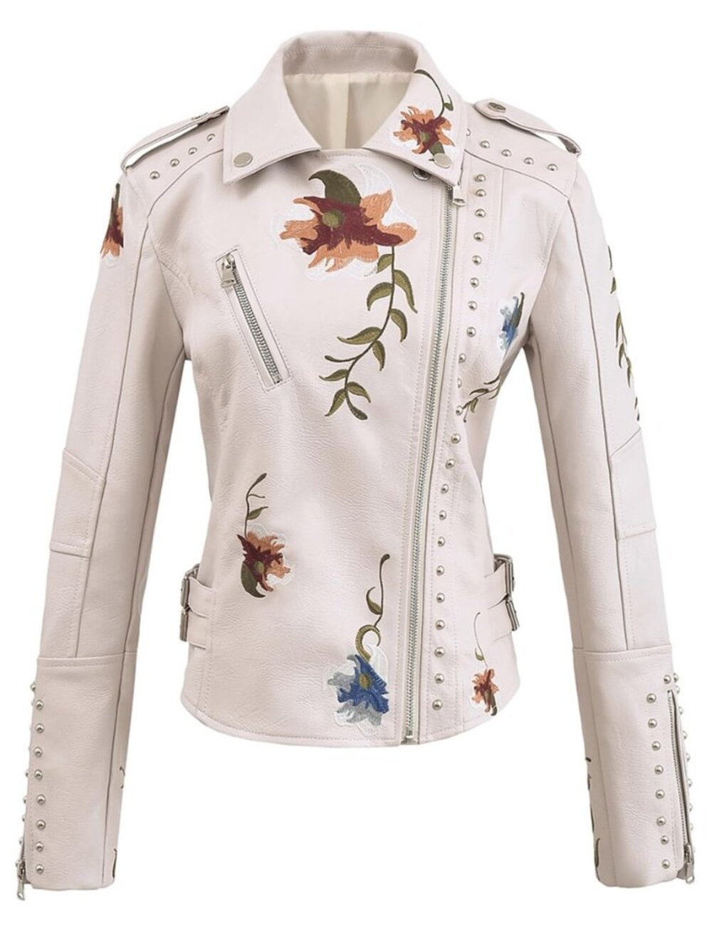 Women's Embroidered Studded Faux Leather Jacket Moto Punk Jacket Floral Coat